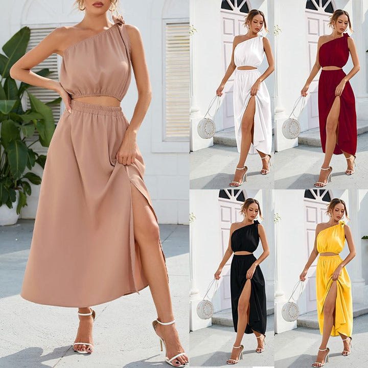 Damen Maxikleid mit einseitigem Träger und hohem Schlitz Drune
