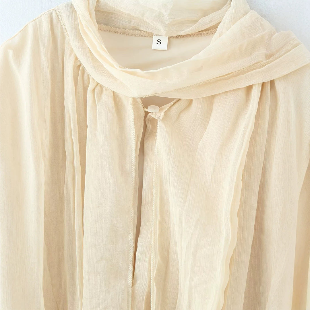 Damen Plissierte Chiffon‑Bluse mit Schleifenkragen und geraffter Saumlinie Drune