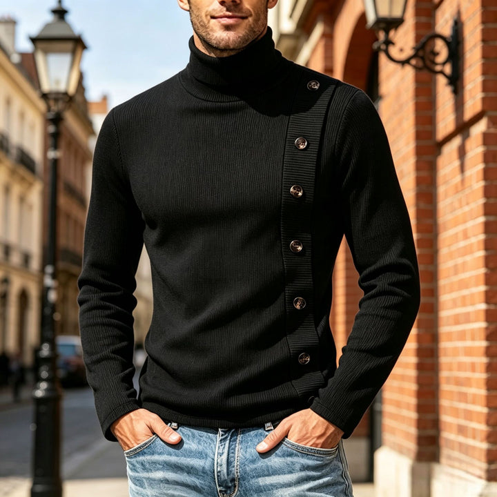 Herren Slim-Fit Rollkragenpullover mit asymmetrischer Zierknopfleiste aus Rippstrick Drune