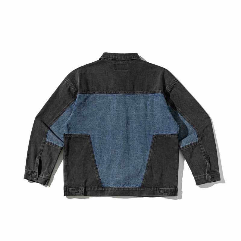 Unisex Zweifarbige Oversize-Denimjacke im Worker‑Look mit aufgesetzten Brusttaschen und geradem Saum Drune