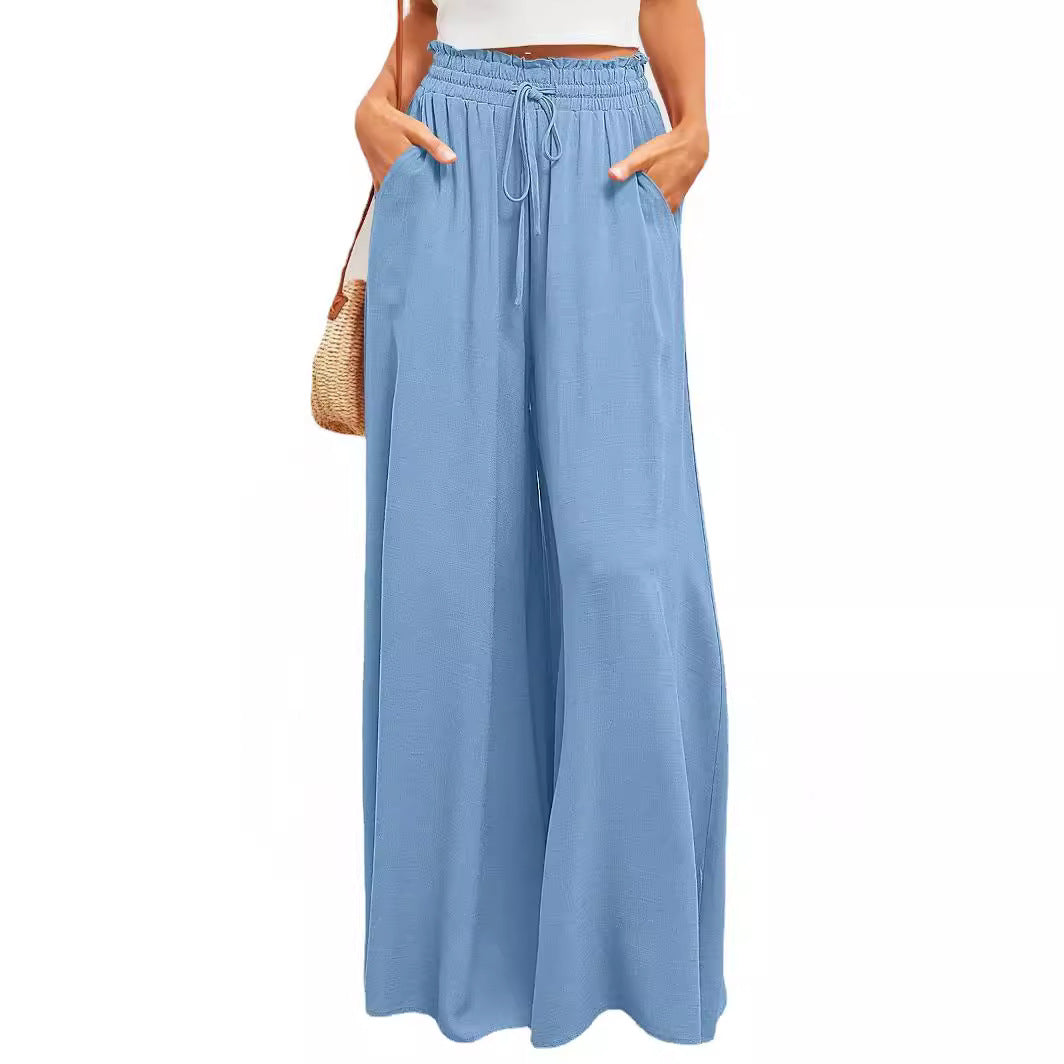 Frauen Hohe Taille Rüschen Elastischer Bund Weite Bein Strand Palazzo Hose mit Zugband und Seitentaschen Drune