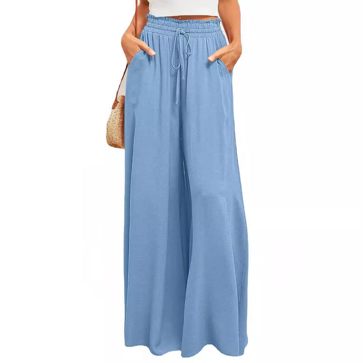 Frauen Hohe Taille Rüschen Elastischer Bund Weite Bein Strand Palazzo Hose mit Zugband und Seitentaschen Drune