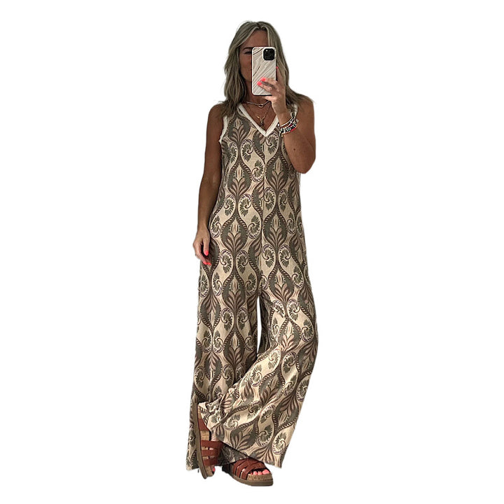 Damen Jumpsuit mit weitem Bein und elegantem Blattmuster Drune