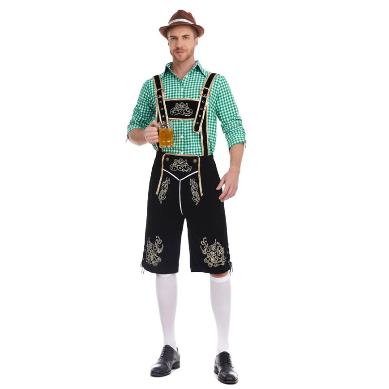 Herren nan Filzoptik-Lederhose knielang mit barocker Stickerei, verstellbaren Trägern und Dekornieten Drune