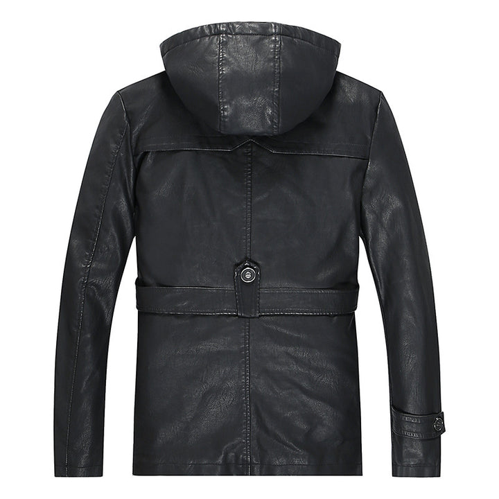 Herren Kunstlederjacke mit Kapuze, Teddyfutter und Gürtelschnalle Drune