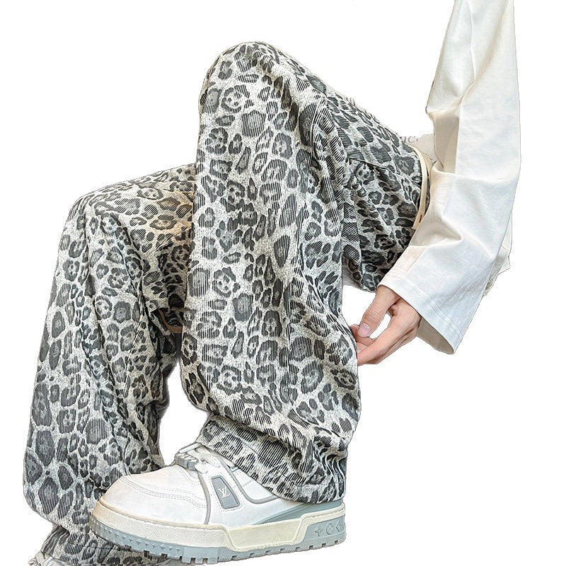 Herren Weit geschnittene Leoprint-Hose aus leichtem Viskose-Mix mit Kordelzug Drune