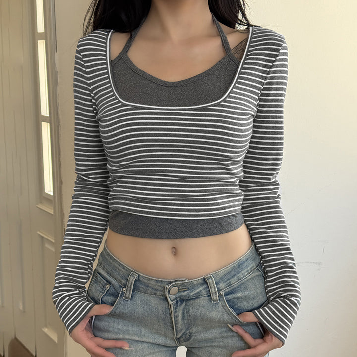 Damen Enges Layering-Longsleeve mit tiefem U-Ausschnitt und integrierter Camisole Drune