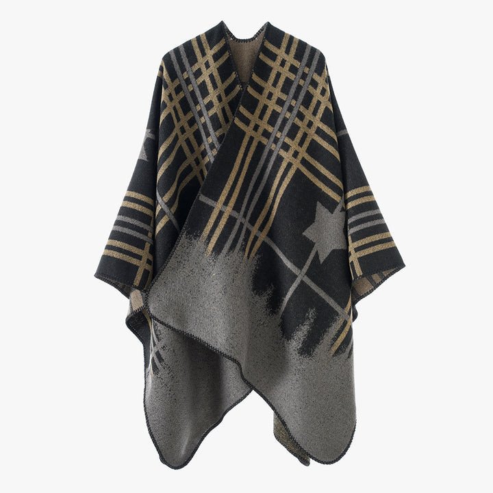 Damen Oversize-Capeponcho aus Wollmix mit Stern- und Karojacquard und weichfallendem Fall Drune