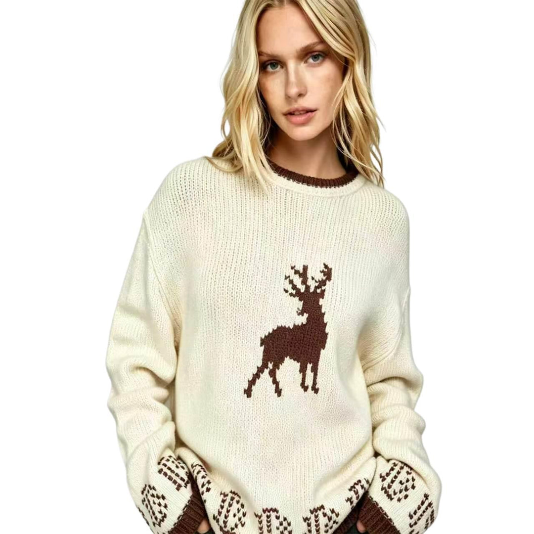 Damen Oversize Strickpullover mit Hirschintarsie, Rundhalsausschnitt und Norwegerbündchen Drune