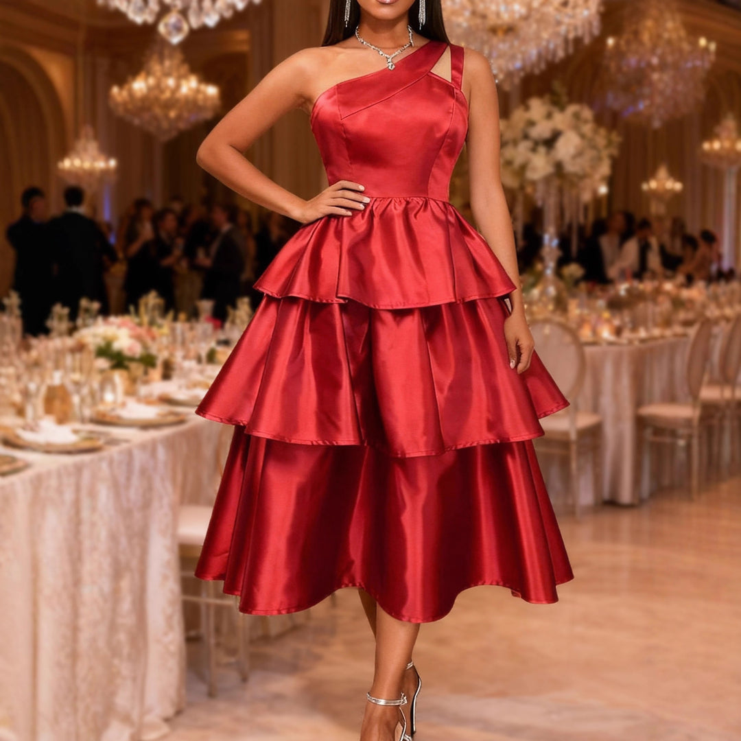 Damen Maxikleid mit asymmetrischem Träger und voluminösen Rüschen Drune