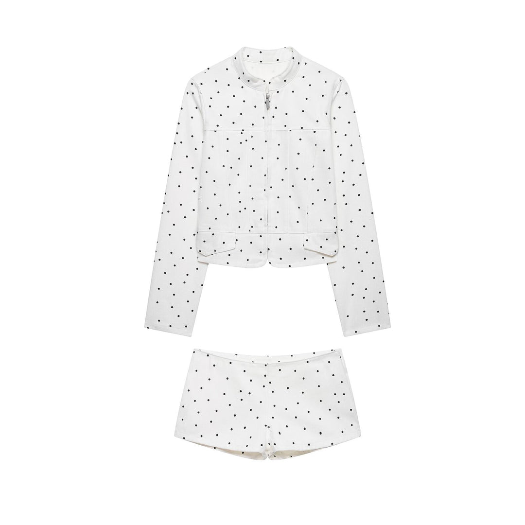 Damen Gepunktete Kurzjacke mit Stehkragen, Reißverschluss und Pattentaschen Drune