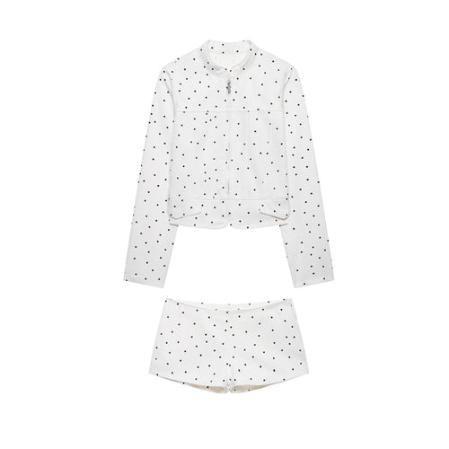 Damen Gepunktete Kurzjacke mit Stehkragen, Reißverschluss und Pattentaschen Drune