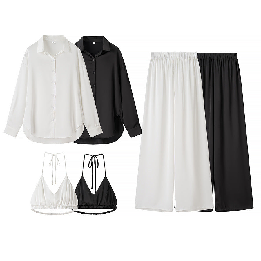 Damen nan elegantes Dreiteiler-Set Oversize-Hemd Highwaist-Weitbeinhose und Neckholder-Croptop Drune