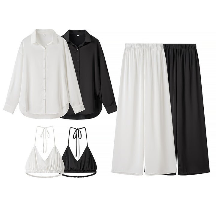 Damen nan elegantes Dreiteiler-Set Oversize-Hemd Highwaist-Weitbeinhose und Neckholder-Croptop Drune