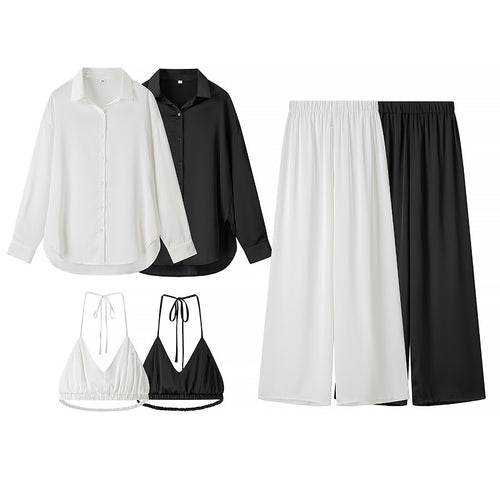 Damen nan elegantes Dreiteiler-Set Oversize-Hemd Highwaist-Weitbeinhose und Neckholder-Croptop Drune