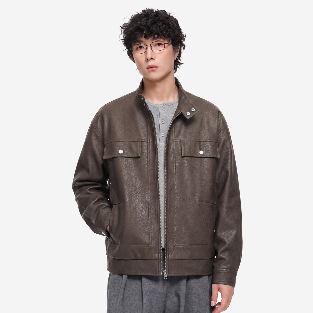 Herren Lederjacke im Fieldstil mit Stehkragen, Brustklappen und Reißverschluss Drune