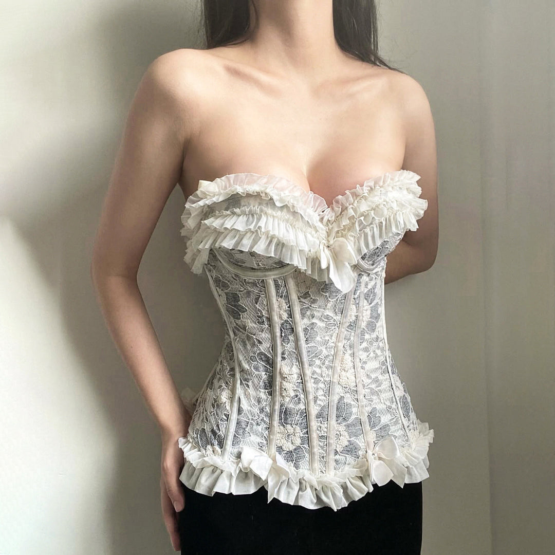 Damen Spitzen-Bustier mit Rüschendetails und Schleifen Drune