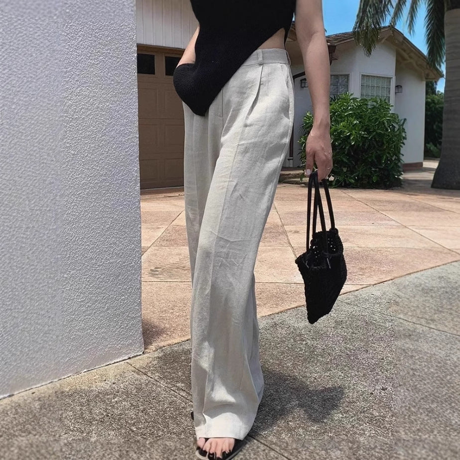 Damen Weite Leinenmix-Hose mit hoher Taille, Bügelfalte und Eingrifftaschen Drune