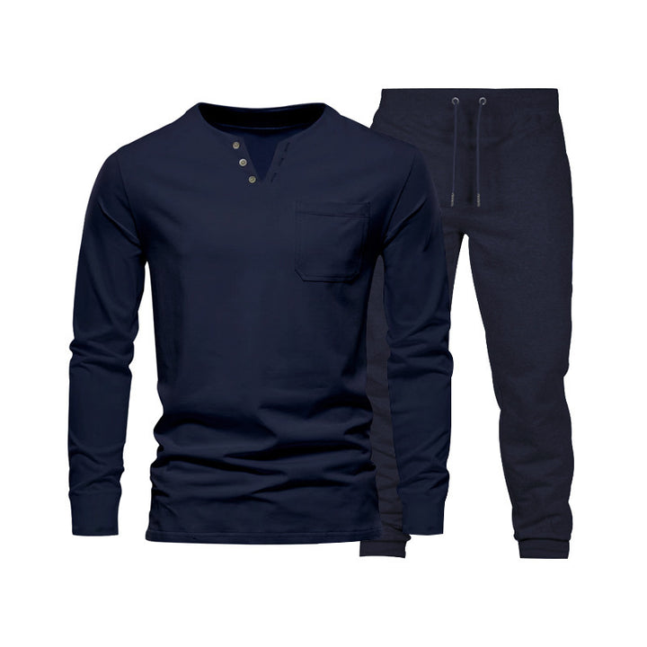 Herren Langarm‑Henley Loungewear‑Set mit Brusttasche und tapered Jogginghose Drune