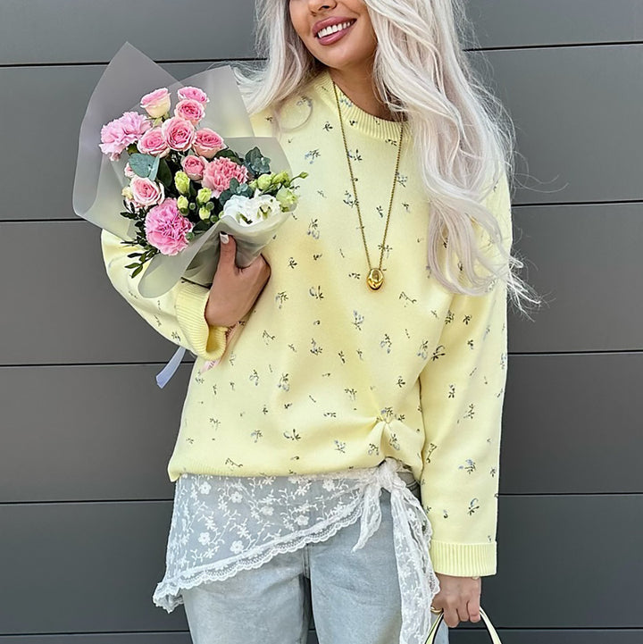 Damen Komfortabler und eleganter Strickpullover mit floralen Details Drune