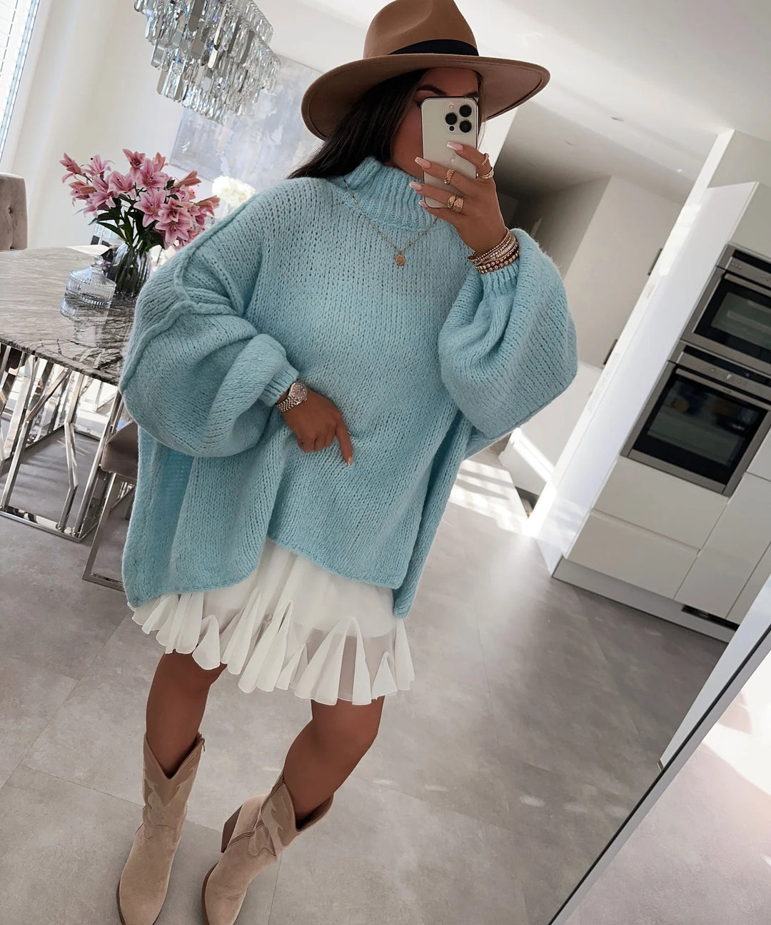 Damen oversized Strickpullover mit hohem Kragen und Ballonärmeln Drune