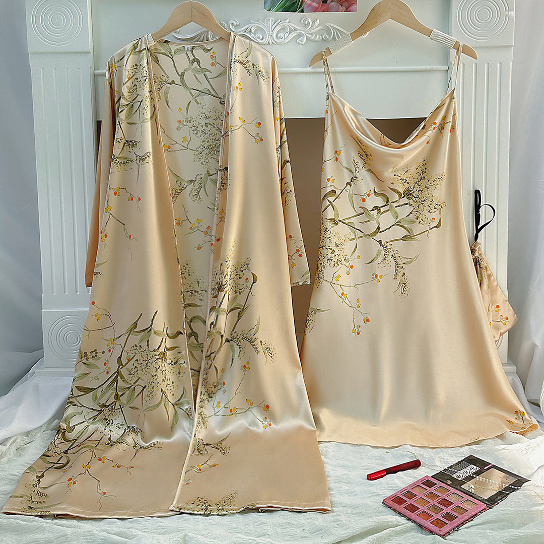Damen Satin-Kimono und Nachthemd-Set mit floralem Design Drune