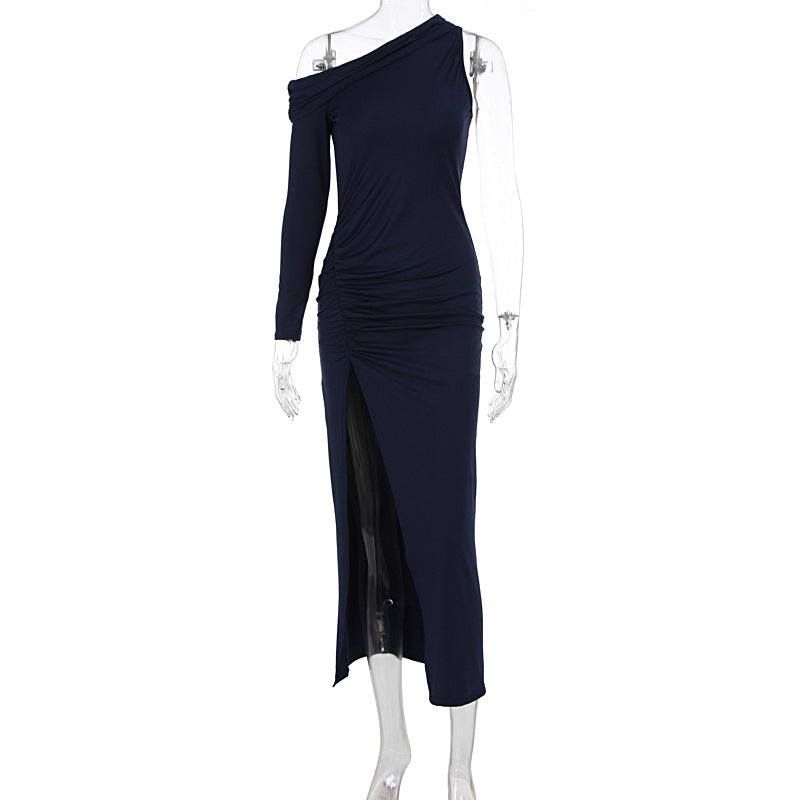 Damen figurbetontes Maxikleid mit asymmetrischem Ausschnitt und eleganten Rüschendetails Drune