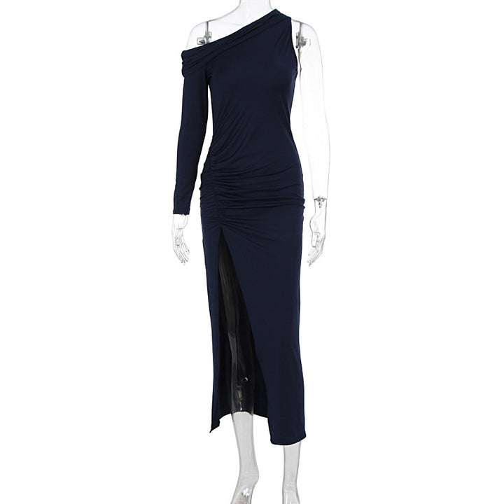 Damen figurbetontes Maxikleid mit asymmetrischem Ausschnitt und eleganten Rüschendetails Drune