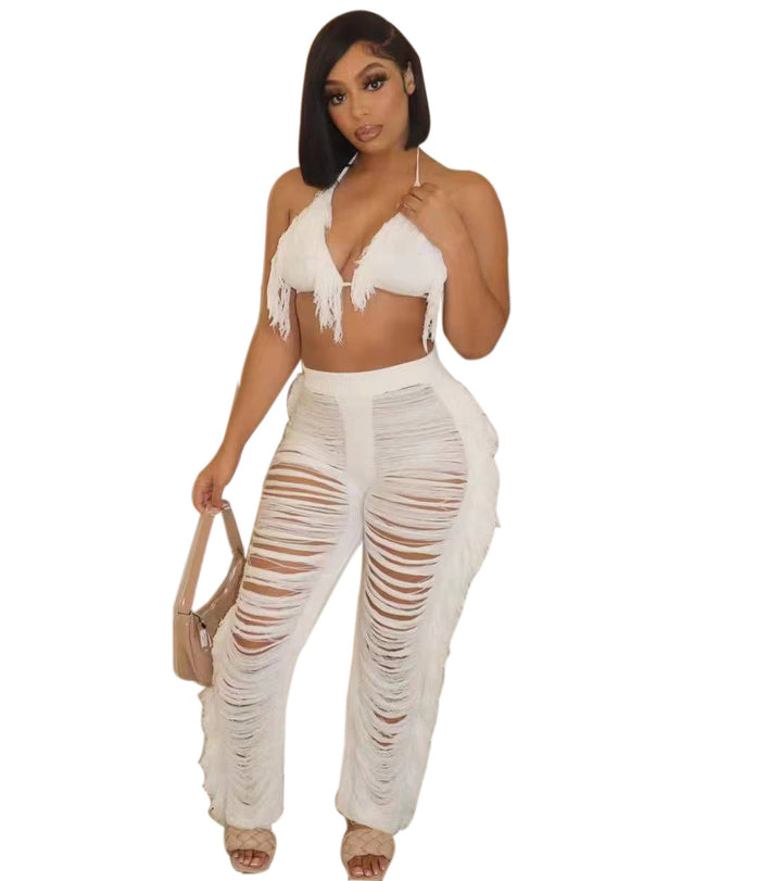 Damen Strandoutfit mit fransigem Crop-Top und lässiger Hose Drune