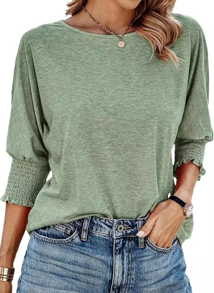 Damen lässiges T-Shirt mit voluminösen Puffärmeln und elastischem Bund Drune