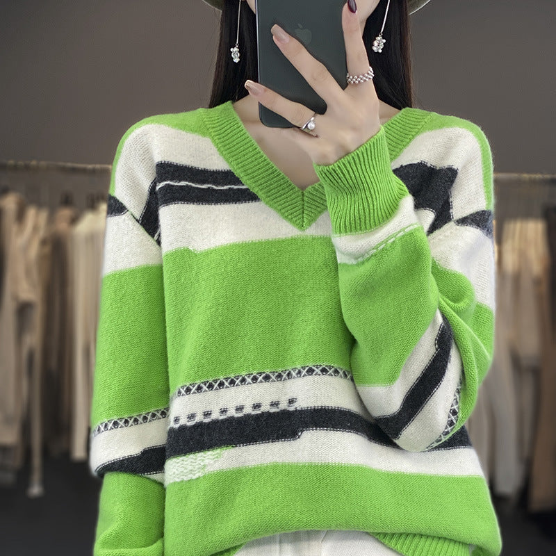 Damen Oversize-Strickpullover mit V‑Ausschnitt und grafischem Streifenmix Drune