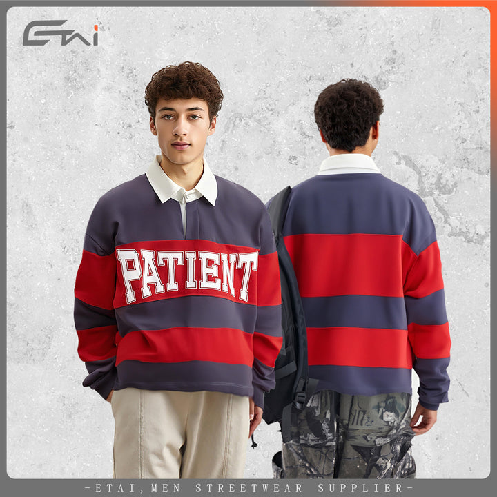 Herren Gestreiftes Rugby-Polo Sweatshirt mit Kontrastkragen und Oversize-Passform Drune