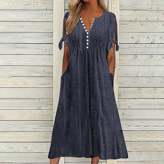 Damen Midikleid mit luftiger Stickdetails und praktischen Seitentaschen Drune
