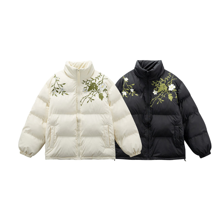 Damen Gepolsterte Oversize-Steppjacke mit Stehkragen und Blumenstickerei Drune