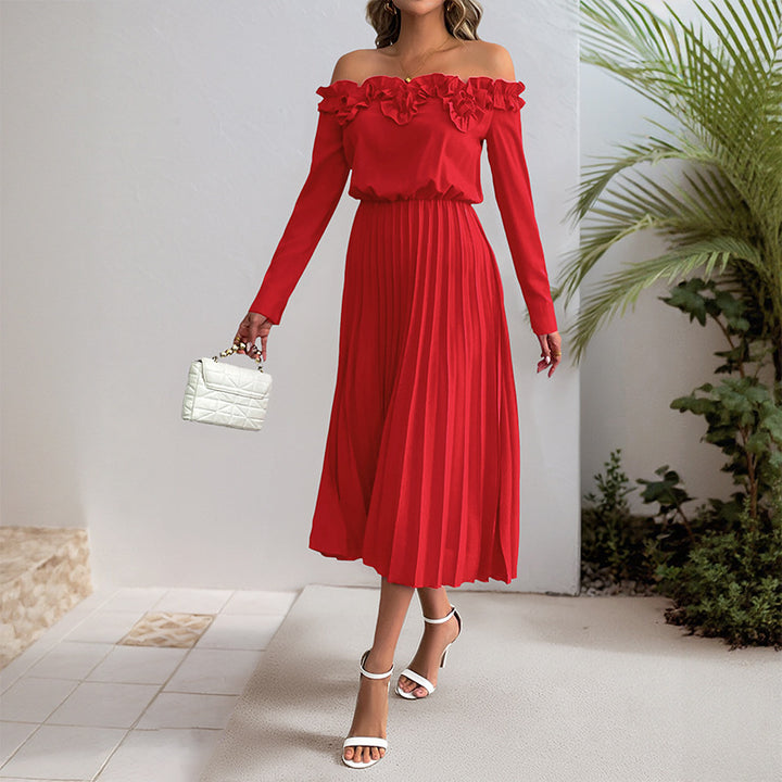 Damen Elegantes Off-Shoulder Plissee Kleid Drune