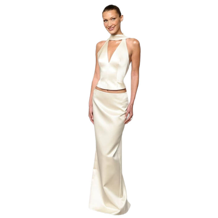 Damen Elegantes Maxikleid mit tiefem V-Ausschnitt und figurbetontem Schnitt Drune
