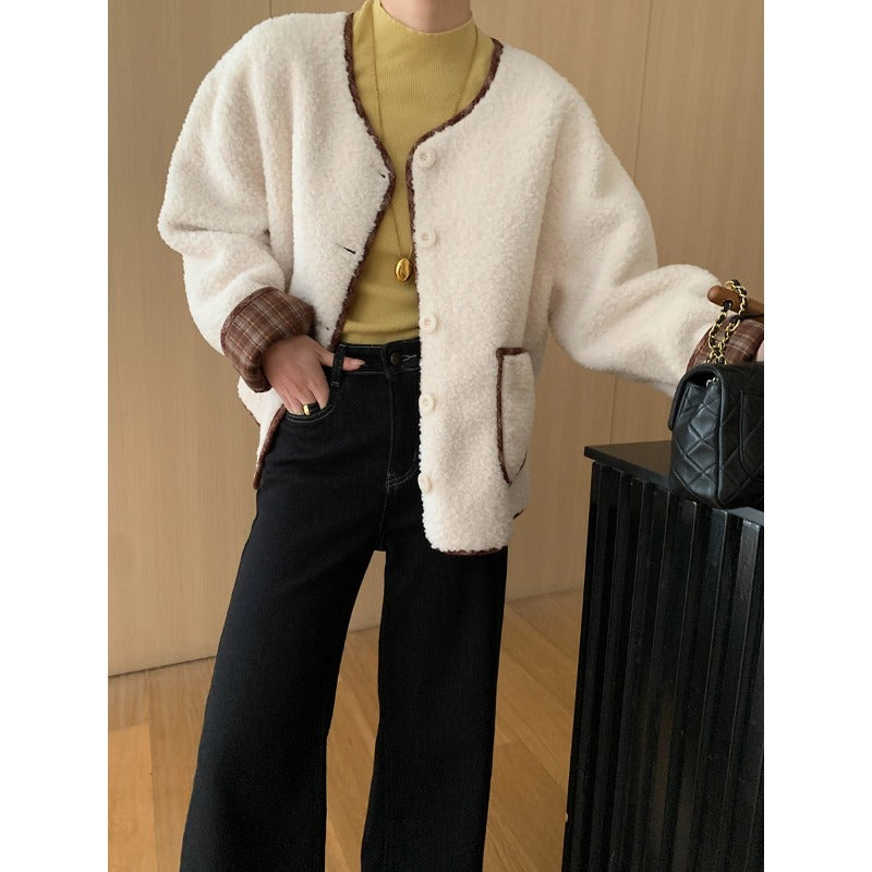 Damen Kuschelige Oversized-Fleecejacke mit Kontrastdetails Drune