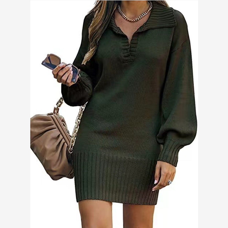 Damen nan schulterfreies Strickminikleid mit weitem V-Ausschnitt und Rippbund Drune