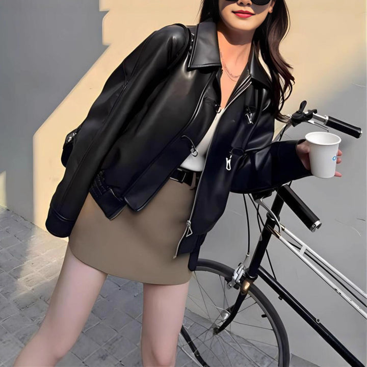 Damen trendige Kunstlederjacke mit klassischem Revers Drune