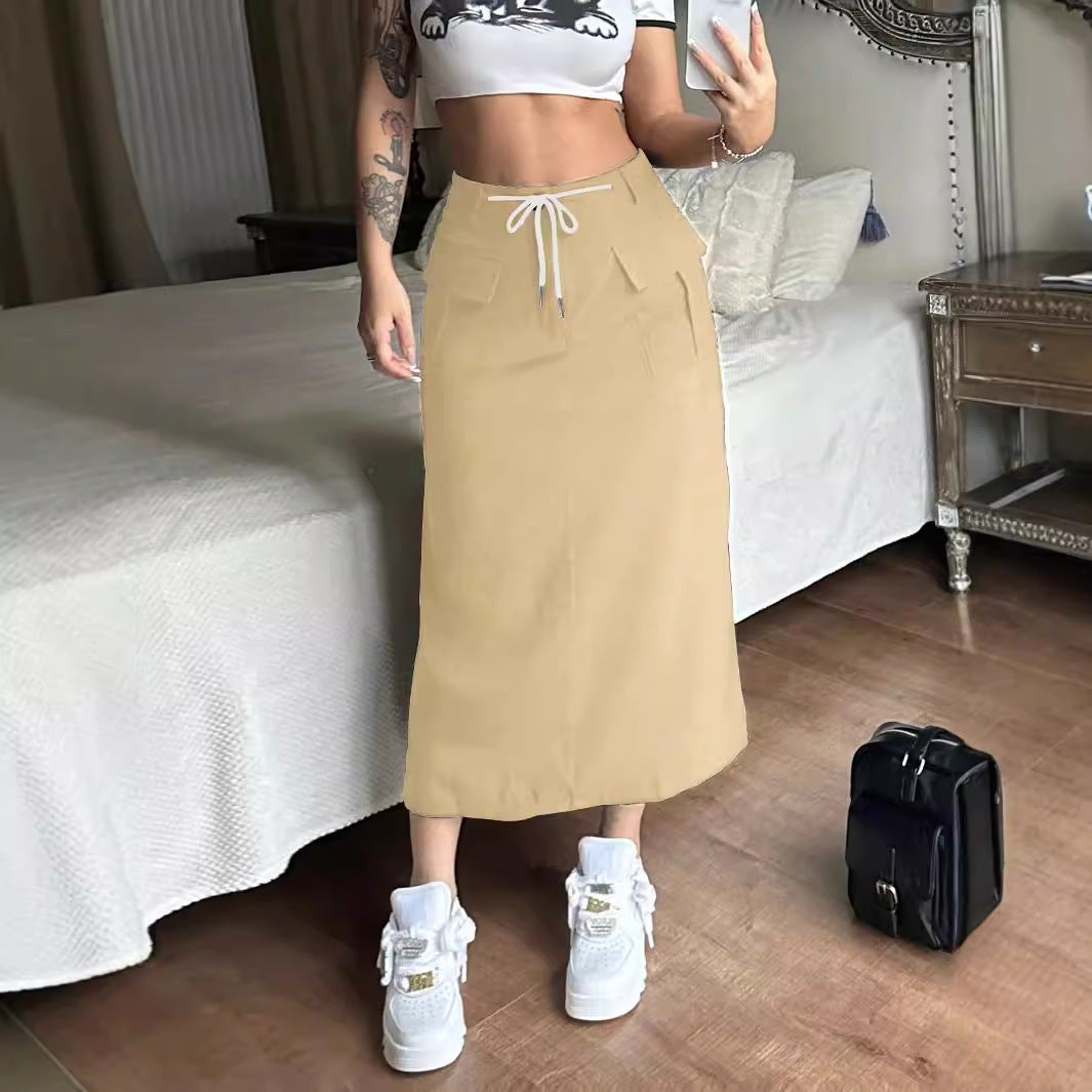 Damen Modischer Hochtaillenrock mit praktischen Taschen und verstellbarem Kordelzug Drune