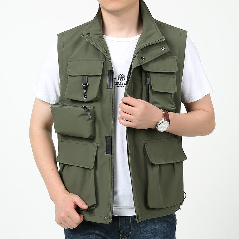 Herren Multitaschen-Outdoorweste mit D-Ring, Reißverschlusstaschen und abnehmbarem Taschenmodul Drune