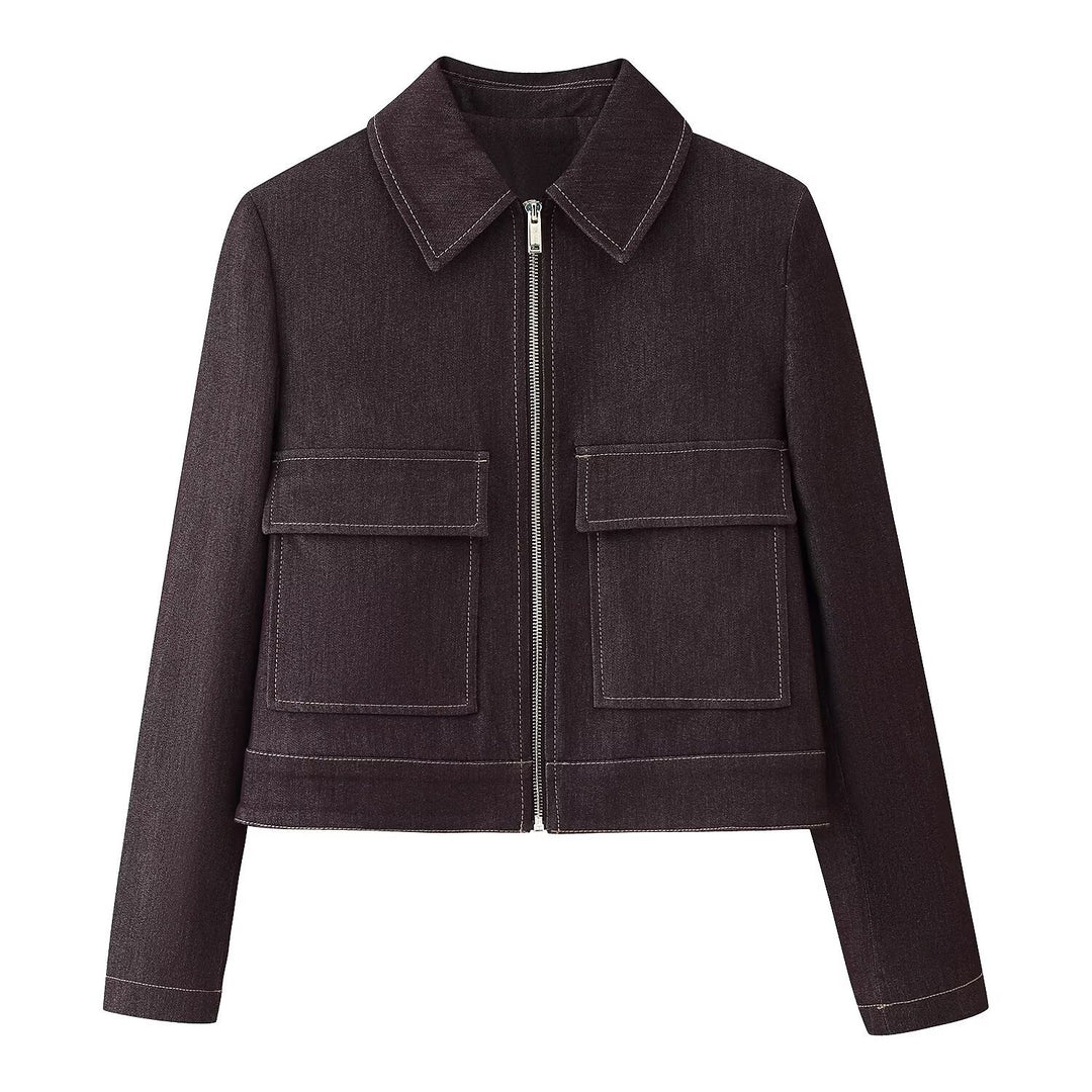 Damen Kurze Boxy-Jeansjacke mit durchgehendem Reißverschluss und aufgesetzten Klappentaschen Drune