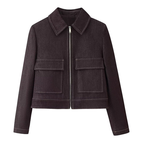 Damen Kurze Boxy-Jeansjacke mit durchgehendem Reißverschluss und aufgesetzten Klappentaschen Drune