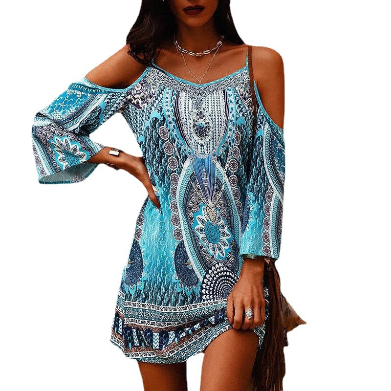 Damen Bohemian Off-Shoulder Tunika Kleid Drune