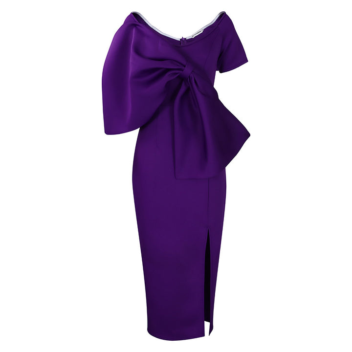 Damen figurbetontes Kleid mit voluminösem Schleifen-Detail und modernem Schlitz Drune