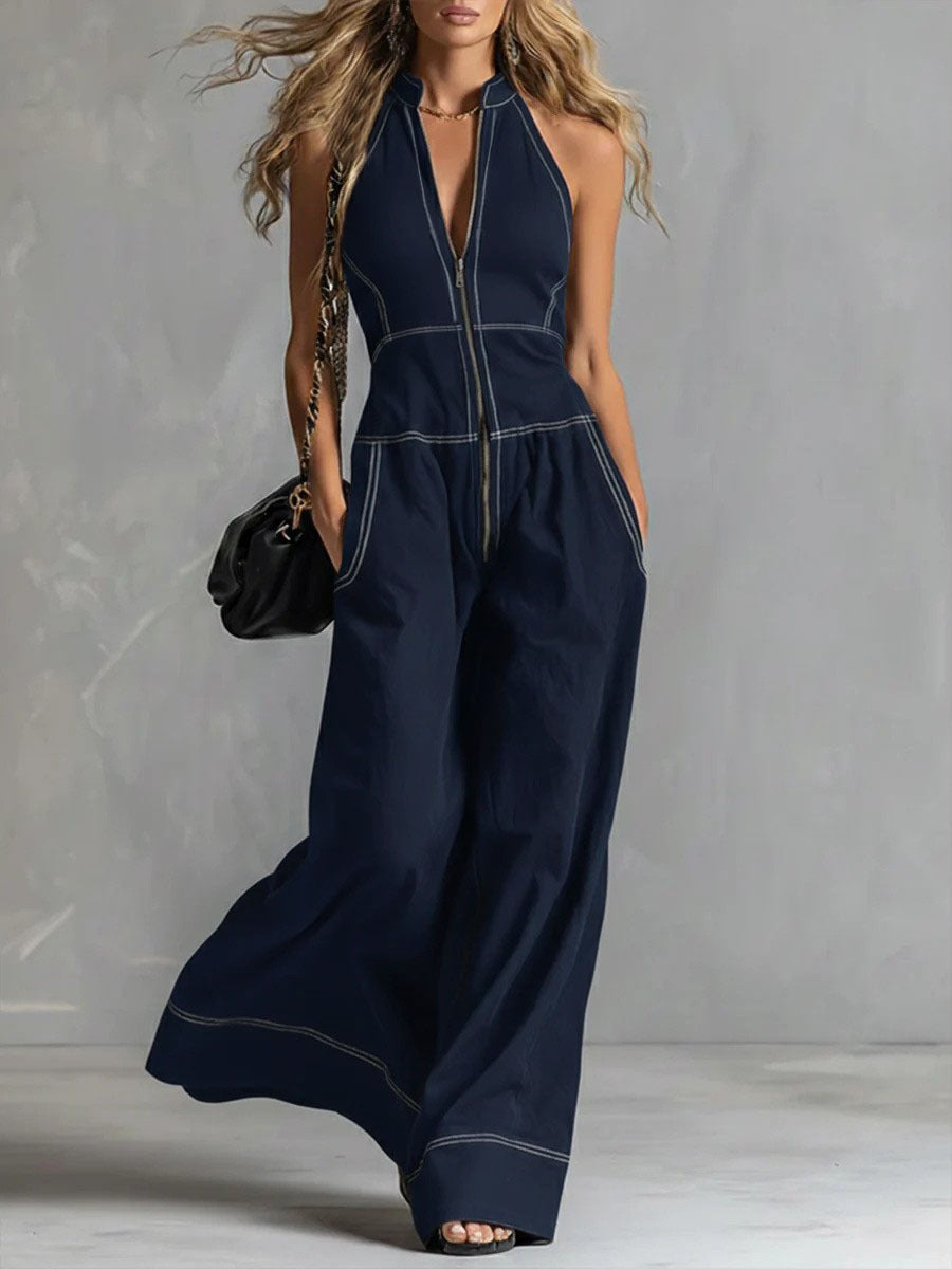 Damen Ärmelloser Halter-Jumpsuit mit Reißverschluss, weitem Bein und Eingrifftaschen Drune