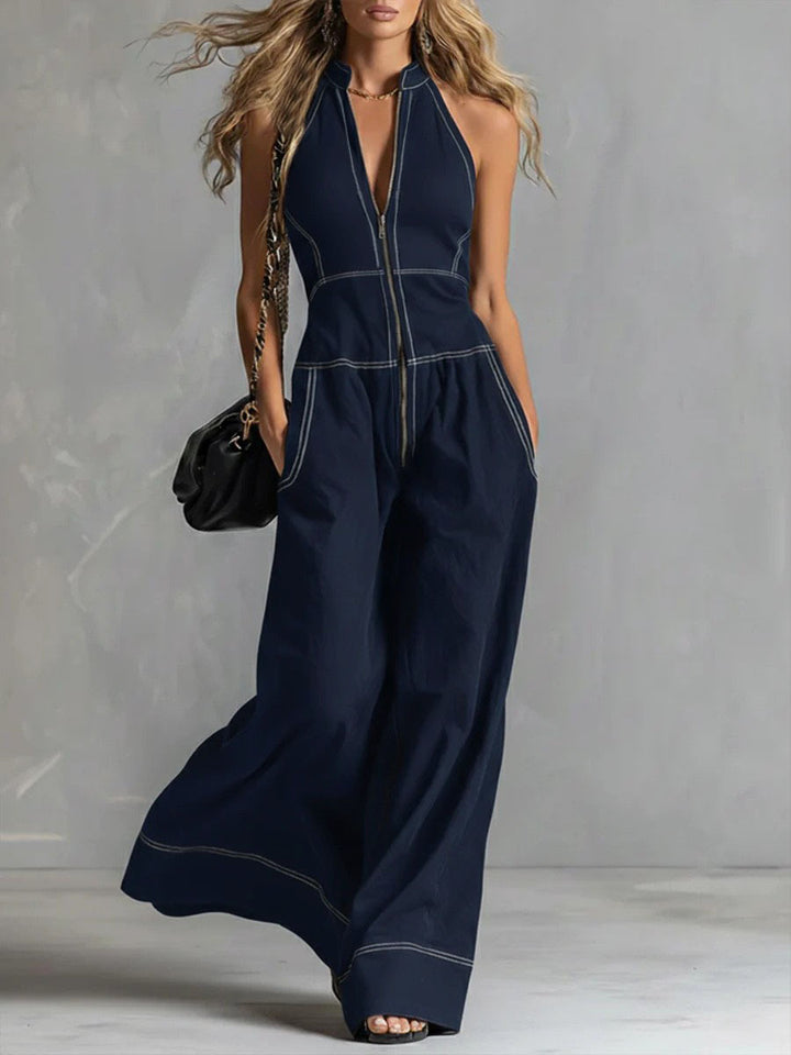Damen Ärmelloser Halter-Jumpsuit mit Reißverschluss, weitem Bein und Eingrifftaschen Drune