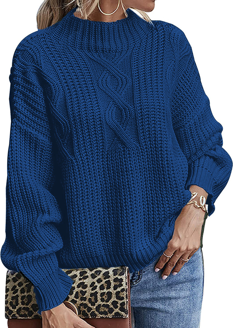 Damen Grobstrickpullover mit hohem Kragen und dekorativem Zopfmuster Drune