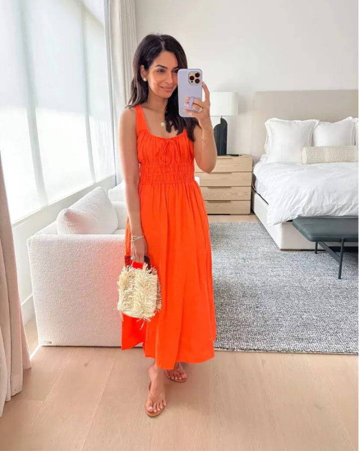 Damen nan midilanges Leinenoptik-Kleid mit Smokoberteil, elastischer Taillenpasse und breiten Trägern Drune