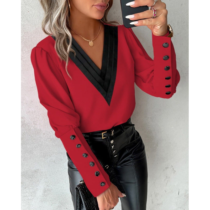 Damen Bluse mit V-Ausschnitt und eleganten Puffärmeln Drune